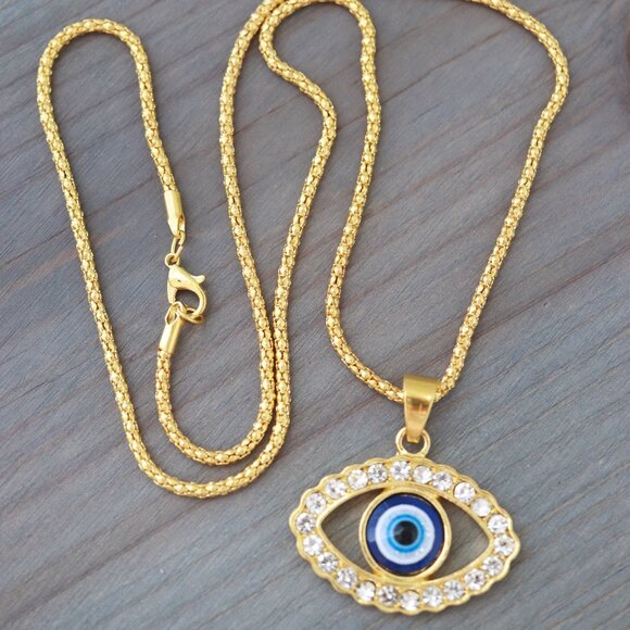 Evil Eye Big Blue Pendant with CZ Diamond Necklace 18k Gold Plated Stainless Ste - Picture 2 of 3